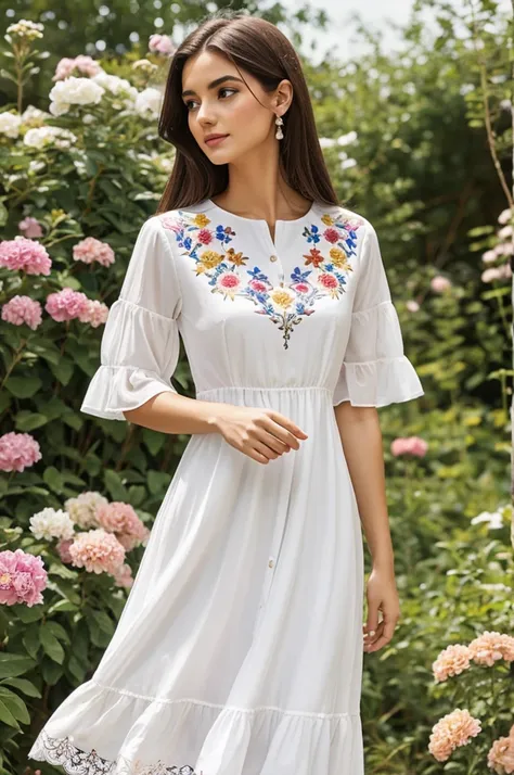  in white dress embroidered with colorful flowers