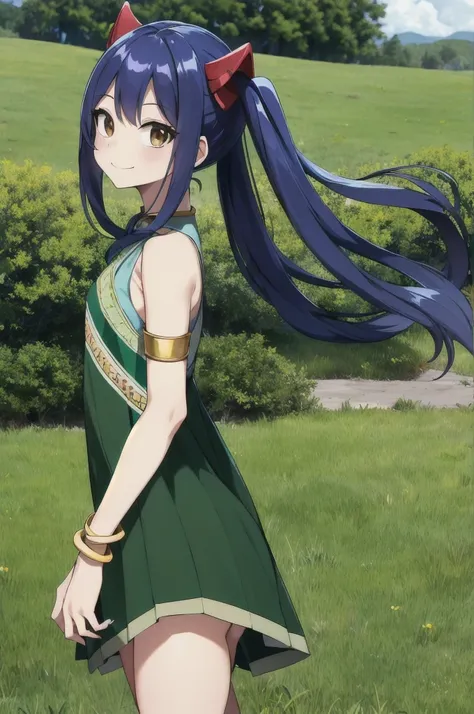 masterpiece, best quality, highres, aawendy, long hair, twintails, hair ornament, bare shoulders, green dress, sleeveless dress, armlet, bracelet, outdoors, standing, cowboy shot, smile,