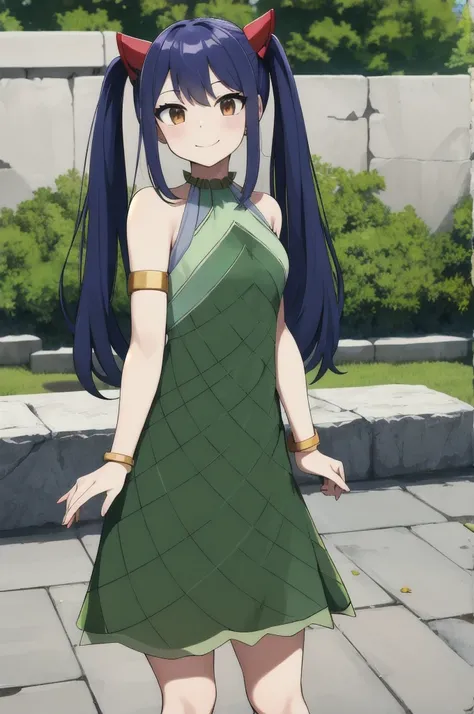 masterpiece, best quality, highres, aawendy, long hair, twintails, hair ornament, bare shoulders, green dress, sleeveless dress, armlet, bracelet, outdoors, standing, cowboy shot, smile,