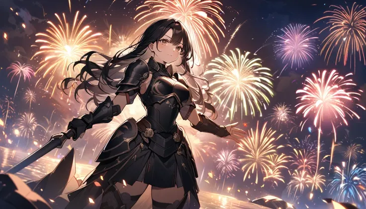 A female warrior with long black hair and wearing black armor, a beautiful woman, fireworks at night, lots of fireworks, sparks, glitter, 8K