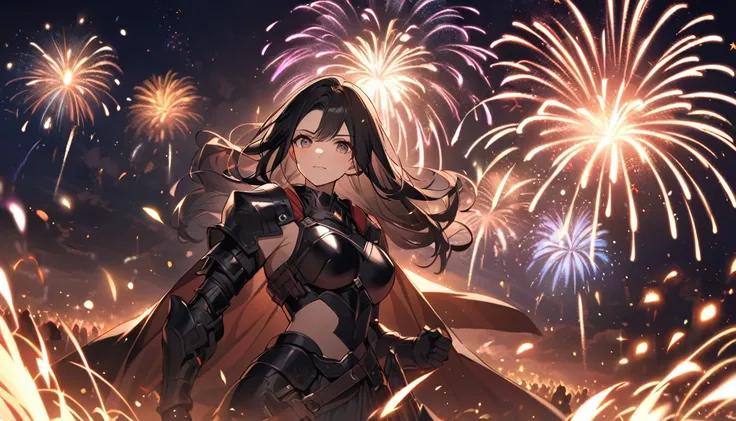 A female warrior with long black hair and wearing black armor, a beautiful woman, fireworks at night, lots of fireworks, sparks, glitter, 8K