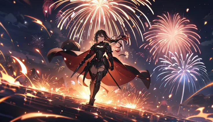 A female warrior with long black hair and wearing black armor, a beautiful woman, fireworks at night, lots of fireworks, sparks, glitter, 8K