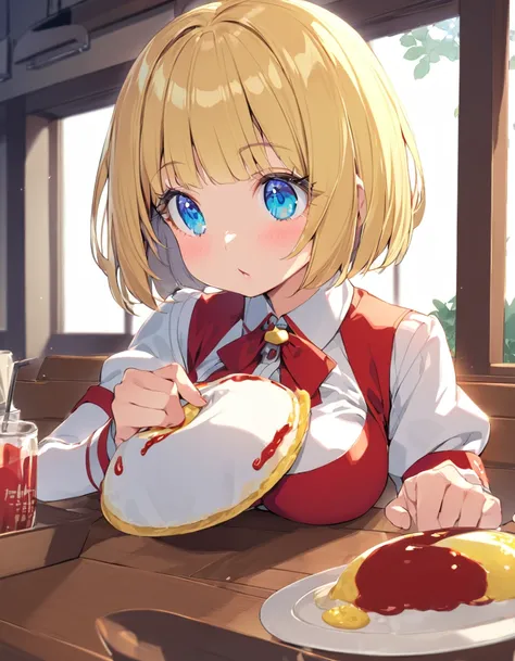 Eat omurice at a restaurant (Original uniform), (Little Girl), (blonde:1.5）(eyelash:1.2) (Short Bob Hair:1.4), (Blue eyes)(Big Breasts:1.3)
