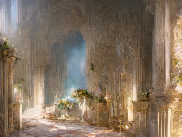 Castle interior with luxurious furniture and lots of flowers, intricate design, fine details, high chaos, soft sunlight, dreamy pastel colors, Johan Grenier style, Alyssa Monks style