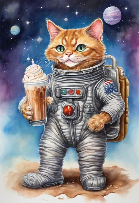 ((space cat drinking a milkshake, garbage pail kids style)), outside of a spacestation, 3d cartoon, high quality, detailed,