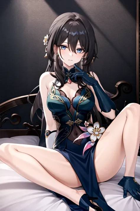 RUANMEI,Bangs,Long hair,skirt,Gloves,Hair between the eyes,Jewelry,Hair accessories,blue eyes,Black Hair,flower,black Gloves,blue skirt,indoors,bedroom,on the bed,A faint smile, 1 Girl,
,  (masterpiece,best quality:1.2),absurd，whole body,Long legs,pretty f...