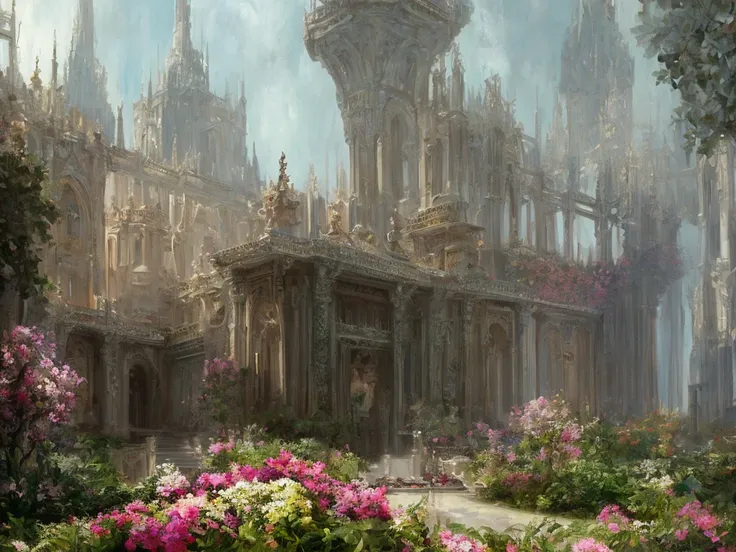 Castle interior with luxurious furniture and lots of flowers, intricate design, fine details, high chaos, soft sunlight, dreamy pastel colors, Johan Grenier style, Alyssa Monks style