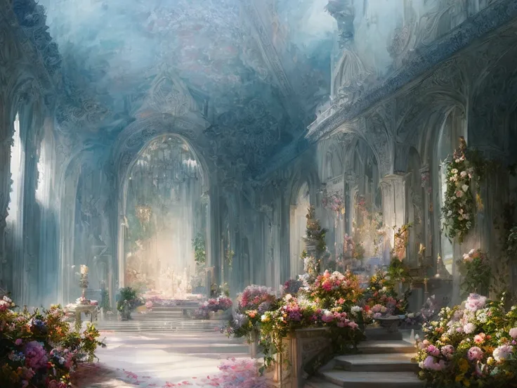 Castle interior with luxurious furniture and lots of flowers, intricate design, fine details, high chaos, soft sunlight, dreamy pastel colors, Johan Grenier style, Alyssa Monks style