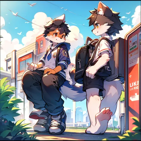 Border collie boy，high school student，uniform，Age 15 years old，go to school by train，tail， 4K ultra-vivid，High resolution