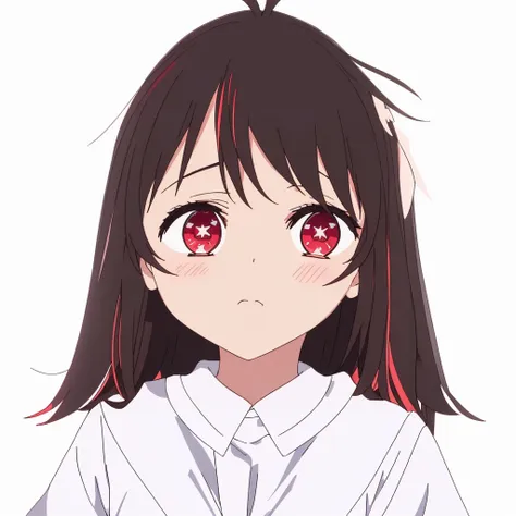 anime girl with long hair and red eyes in white shirt, anime moe artstyle, anime visual of a cute girl, cute natural anime face,...