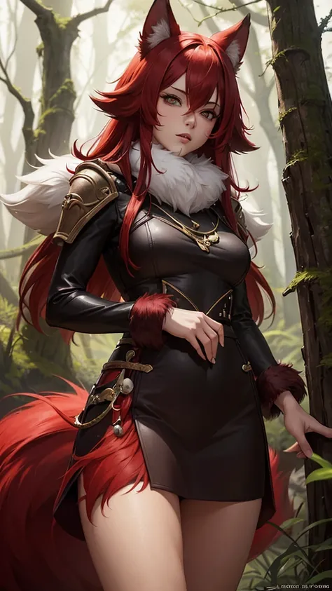 araffe with red hair and a furry tail in the woods, a digital painting by Daarken, cgsociety contest winner, furry art, very very beautiful furry art, dramatic cinematic detailed fur, furry fantasy art, loish and wlop, anthro art, furry wolf, pov furry art...