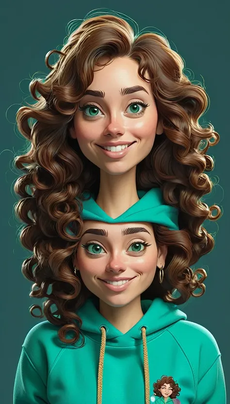 Created a full-body caricature image in high resolution, the character is a 30 year old woman, wears turquoise green sweatshirt, long and curly brown hair without highlights