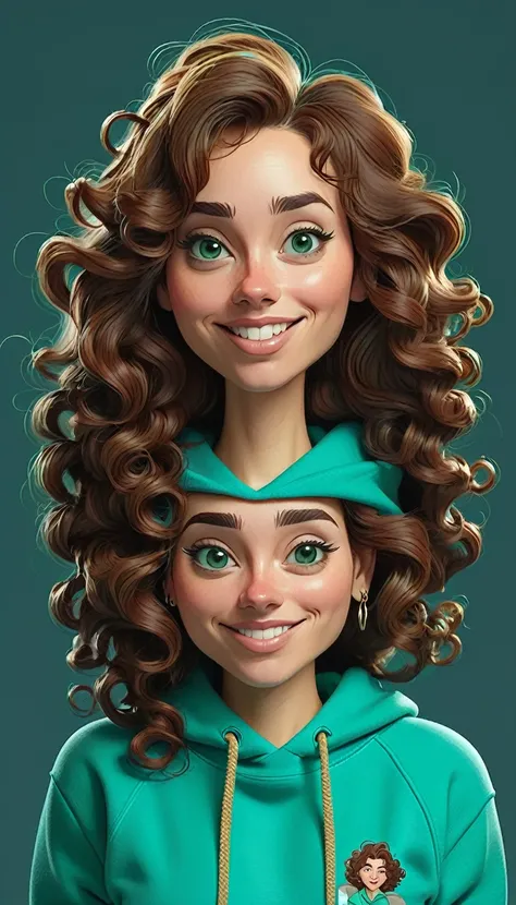 Created a full-body caricature image in high resolution, the character is a 30 year old woman, wears turquoise green sweatshirt, long and curly brown hair without highlights