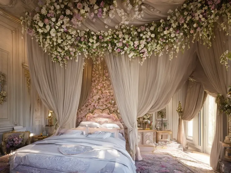 Castle bedroom with luxurious canopy bed and lots of flowers, intricate design, fine details, high chaos, soft sunlight, dreamy pastel colors, Johan Grenier style, Alyssa Monks style