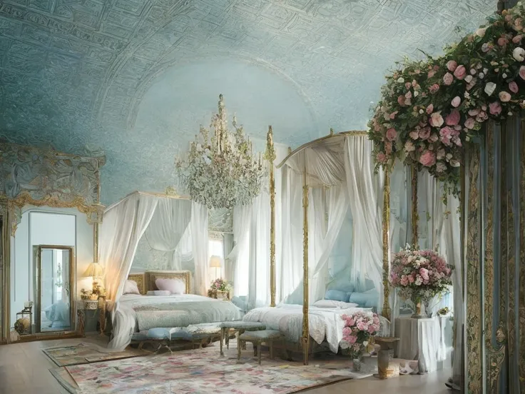 Castle bedroom with luxurious canopy bed and lots of flowers, intricate design, fine details, high chaos, soft sunlight, dreamy pastel colors, Johan Grenier style, Alyssa Monks style