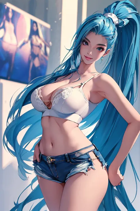 (best quality: 1.2), clean face, (masterpiece: 1.2, 8k) perfect anatomy, 1girl,a beautiful fashion model ,(masterpiece, official art, best quality ,long and shiny hair, blue hair with streaks in hair, long hair, full lips, slender body, slim body big breas...