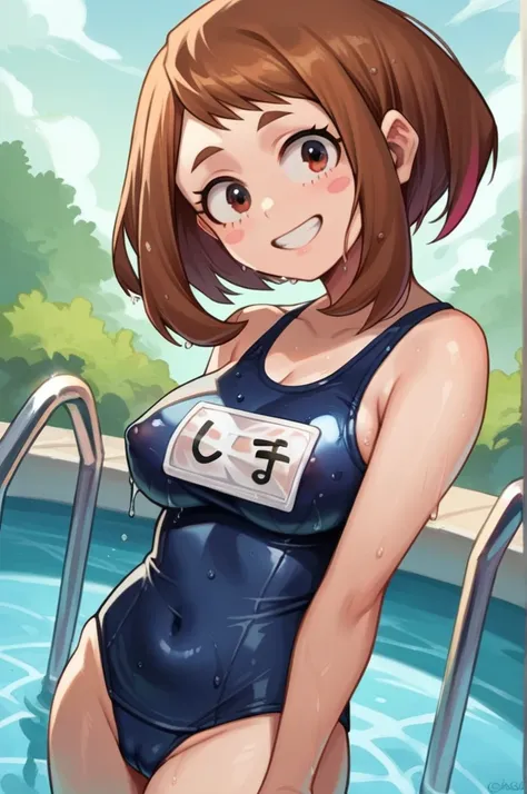 score_9, score_8_up, score_7_up, source_anime, ochaco uraraka, my hero academia, , breasts , school swimsuit, erect nipples, , tight clothes, camel toe, upper body, wet clothes, see through, nametag, poolside, smile, dissolving clothes