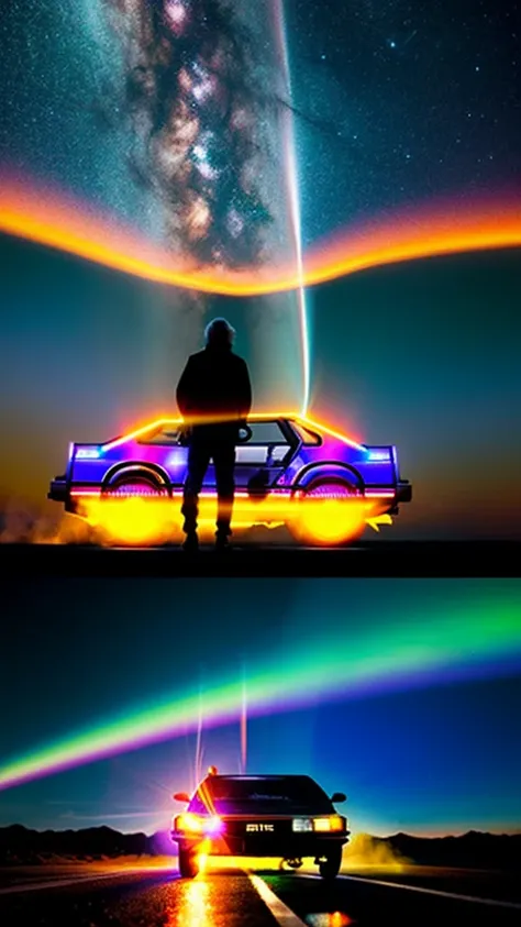 Space-time continuum dissolves as Delorean car, of Volver al futuro, towards its spectral reflection on an playas hermosa de color azul, dia soleado, the cosmos enfolds in a spectacle of iridescent photons, a fusion of Reuben Wus celestial grandeur and Yay...