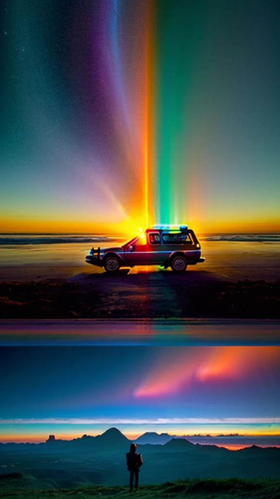 Space-time continuum dissolves as Delorean car, of Volver al futuro, towards its spectral reflection on an playas hermosa de color azul, dia soleado, the cosmos enfolds in a spectacle of iridescent photons, a fusion of Reuben Wus celestial grandeur and Yay...