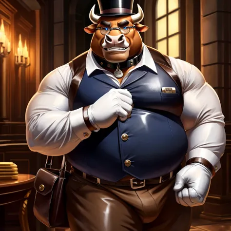 Solo, Male, fat, extremely obese, gentleman, dapper Professor Bull, blue eyes, (posing:1.3), (soft shading), 4k, hi res, ((detailed face, detailed)), looking at viewer, evil grin, steampunk, collared shirt with buttons, top hat, male focus, Explorer Outfit...