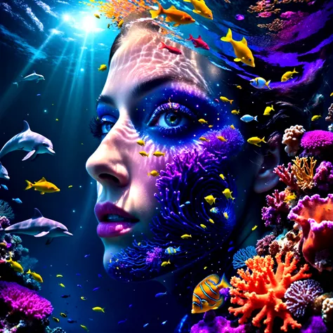 a fantastic and dreamlike underwater scene. Shows a diver exploring a colorful coral reef, surrounded by pulsating colorful tropical fish. the diver is surrounded by small bioluminescent creatures that dance around her, leaving trails of light behind them,...