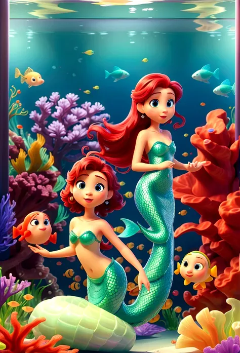 Aquarium Background、A woman is surprised at the digital signage、Digital signage shows me as a mermaid、My friend is watching next to me、Pixar、