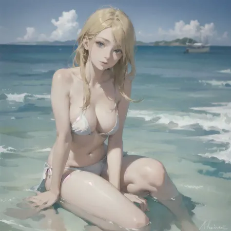 Tranquil voyager girl, in watercolor style, Photorealism, discreet pink and mint shades, barefoot, blonde hair, (very beautiful exquisite face), (beautiful breasts)