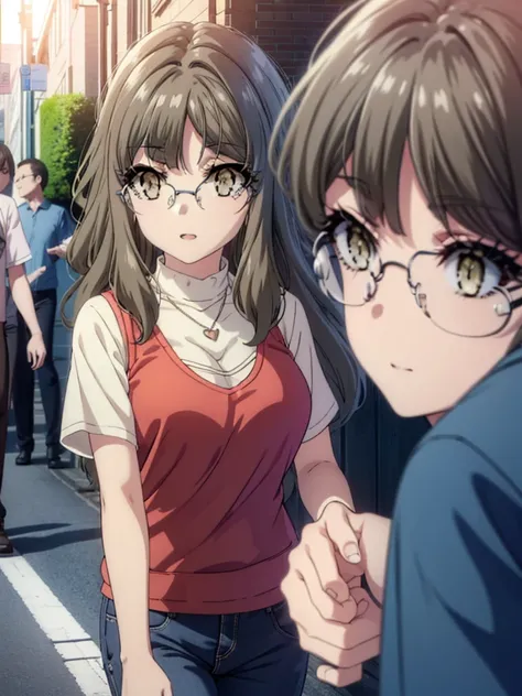 Riofutaba, Rio Futaba, Long Hair, Brown Hair, (Brown eyes:1.5), Glasses,Big Breasts,smile,Open your mouth,Red Tank Top,Heart Necklace,Short sleeve,skinny pants,Stiletto heels,Business Back,Walking,morning,morning陽,The sun is rising,whole bodyがイラストに入るように,
b...