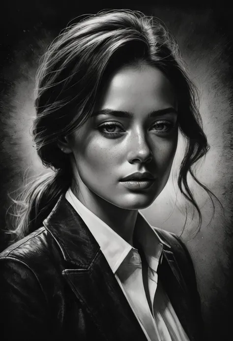 best qualityer, hyper realistic, ultra detali,realistic sketch:1.5,coal,portraite,paper texture,detailed facial features, freckles on the face, Shading and Highlights,dynamic composition,expressive traits,sharp contrast,highlights and shadows,black andwhit...