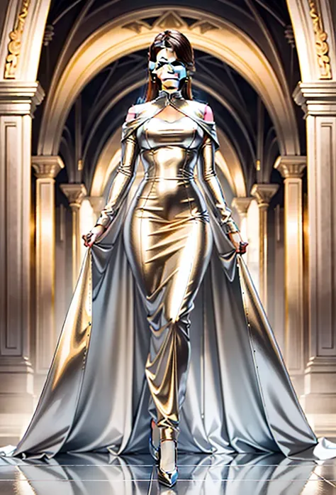 golden dress, chrome dress, long dress, chrome golden, high quality, 1woman, best quality, masterpiece, ultra-detailed, perfect body, pretty, 