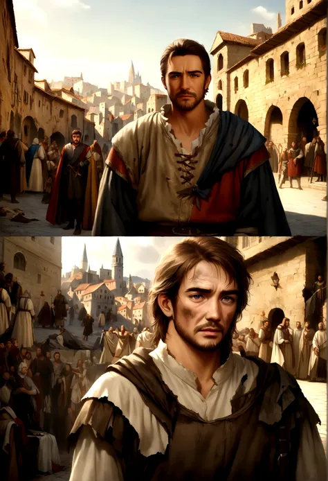 Cinematic portrait of Fernando Alonso, Upper part of the body, face, in front of the audience, (reality :1.3), one of the most beautiful works of art in the world, a man looks at the camera, medieval costumes, (old damaged and worn clothes :1.4), detailed ...