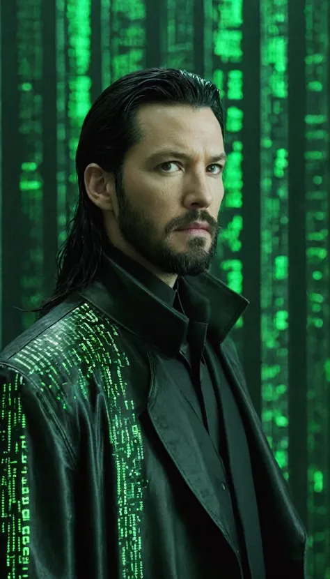 face portrait of "Neos quest: Green matrix code flowing in the middle and background.", Neo is a white man with black hair and black beard, wearing a black latex coat, that works secretly with Morpheus and trinity. focusing on the face, magical and mysteri...