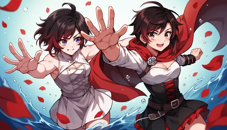 2girl, dynamic pose, (girl1: Short black hair, grey eyes, pale skin, red cape,) (girl2: Long brown hair, brown eyes, pale skin, white clothes.) Ruby rose from RWBY, simple backround, special effects, falling red petals, water droplets,