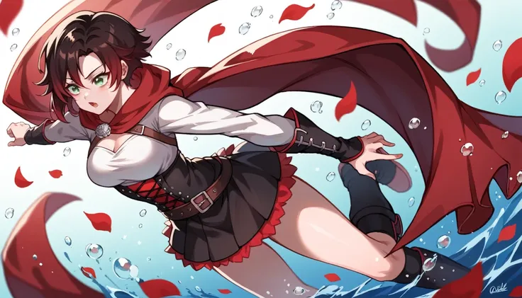 2girl, dynamic pose, (girl1: Short black hair, grey eyes, pale skin, red cape,) (girl2: Long brown hair, brown eyes, pale skin, white clothes.) Ruby rose from RWBY, simple backround, special effects, falling red petals, water droplets,