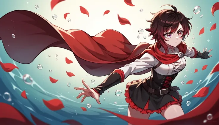 2girl, dynamic pose, (girl1: Short black hair, grey eyes, pale skin, red cape,) (girl2: Long brown hair, brown eyes, pale skin, white clothes.) Ruby rose from RWBY, simple backround, special effects, falling red petals, water droplets,