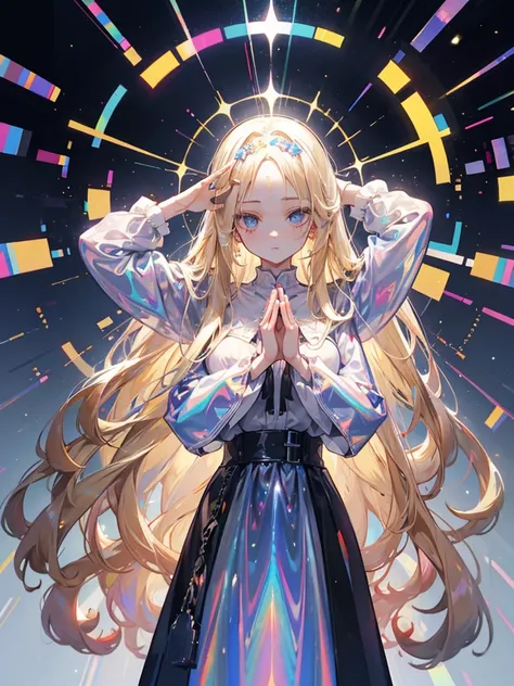 Mature woman, praying, light blue eyes, blonde hair, forehead, Long hair, plastic, Transparent clothes, ((holographic)), ((gas))