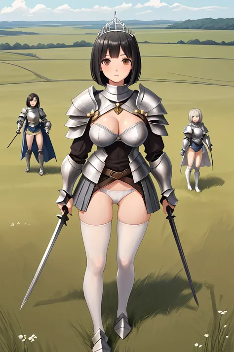 Black Hair　Beautiful breasts　tiara　armor　Short Bob　White mini skirt　White tights　White panties　grassland　battlefield　female knight　Sisters　Height difference