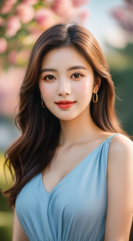 (a gorgeous lady with long flowing hair, flowing blue dress sparkling in sunlight, bright warm eyes, beautiful detailed eyes, gentle kind smile, ample round bosom, standing in peaceful garden surrounded by blooming flowers, soft breeze, head_to_hip, the_co...