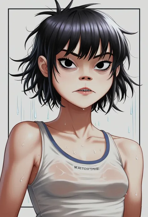 (masterpiece, best quality:1.2),  noodle (gorillaz), black hair, 1girl, streaked hair, black eyes, multicolored hair, bangs, par...