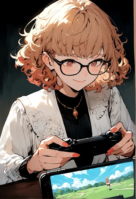 A brunette、short bob、Onda Perm、glasses、facing the front、A slight smile、Playing games、adult lady、