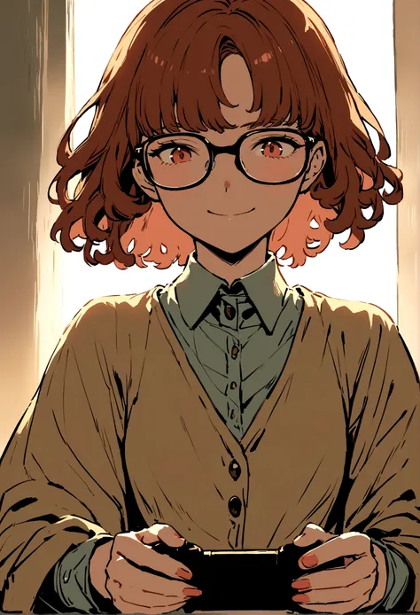 A brunette、short bob、Onda Perm、glasses、facing the front、A slight smile、Playing games、adult lady、