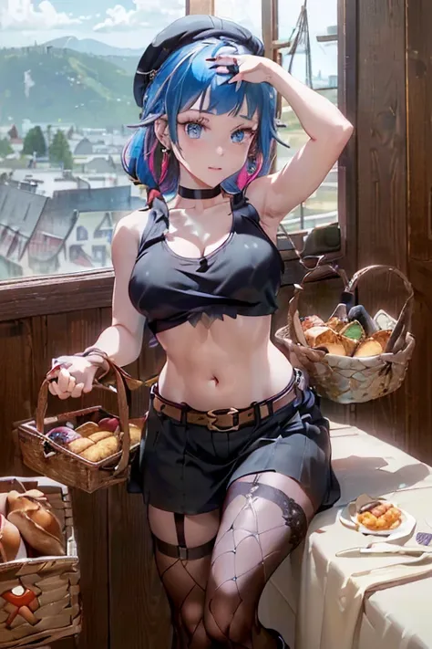 (perky chest:1.2), (pointed chest:1.2),(((Black Tunic:1.3))),(((cakes and bread in the basket),Cute and beautiful girl,masterpiece、highest quality、Very detailed、Beautiful fine details、One Girl、Detailed landscape、Training gym Room Background:1.4、Braided Pon...