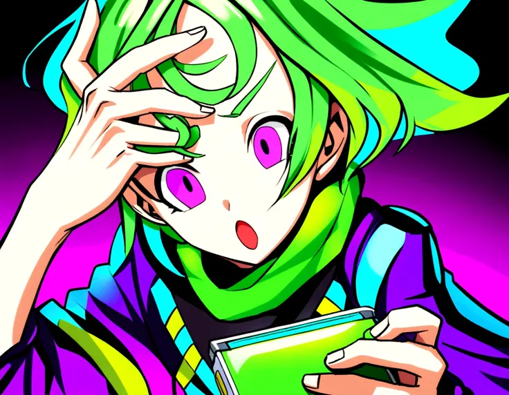 A boy with lime green hair , holding a rare game cartridge with an Akira Toryama-style expression of surprise and awe in electric blue colors, Green Lemon, lemon yellow and neon purple. Akira Toryama style
