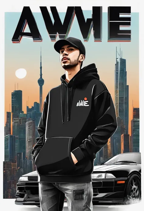 a man hemsem wear black hoodie colour white the pop up the name at t shirt "AWIE" 3D and blackground with car skyline
