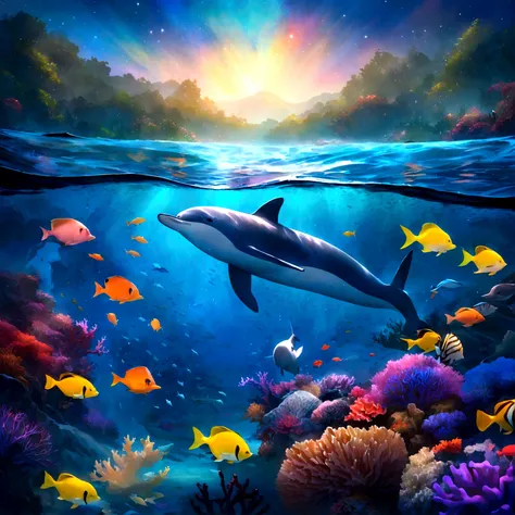 a fantastic and dreamlike underwater scene. Shows a diver exploring a colorful coral reef, surrounded by pulsating colorful tropical fish. the diver is surrounded by small bioluminescent creatures that dance around her, leaving trails of light behind them,...