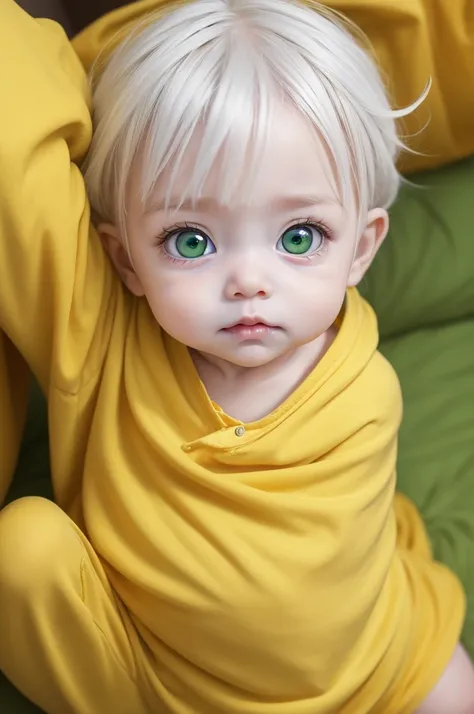 Reborn baby with green eyes and yellow clothes and white hair 