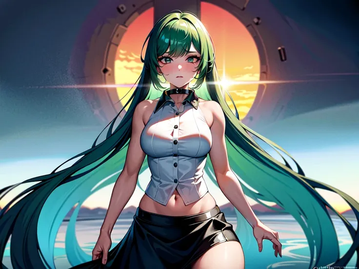 Best Quality, ultra high resolution, 1 dryad, white sleeveless button-down shirt, black skirt, black choker, beautiful, (kpop idol), (Aegyo Sal:1), (platinum green hair:1), ((swollen eyes)), looking at the viewer, whole body, Looking ahead, she was the las...