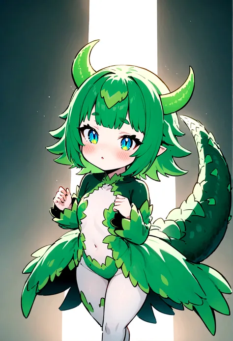 dinosaur girl, dinosaur chan, girl green hair with horns and tail, blushed, Super cute, dinosaur chan, dinosaur-looking girl, half human half dinosaur girl