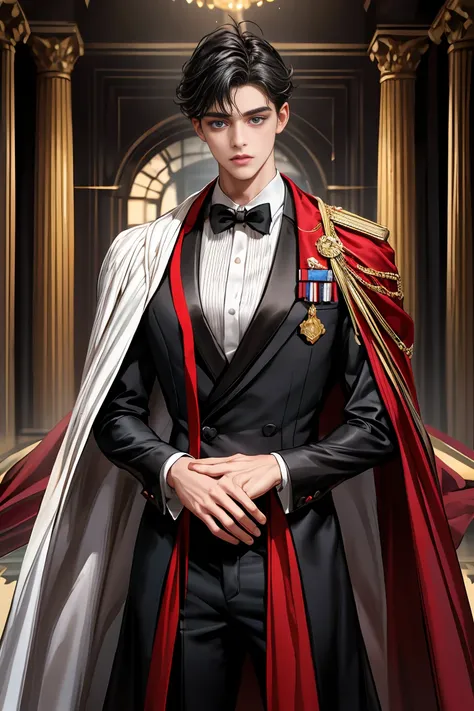 
masterpiece, 最high quality, high quality, 1 boy, alone, Male focus, Watching the audience,  Messy black hair, Adorable big blue eyes, White people, Noble, Noble,Sexy voluminous black and red cape、Tuxedo、A very voluminous, large, very large, very large, lo...