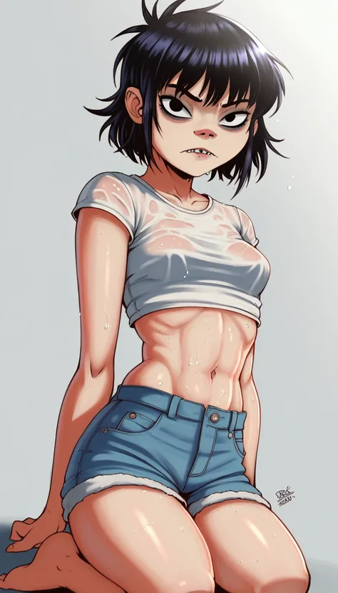 (masterpiece, best quality:1.2),  noodle (gorillaz), black hair, 1girl, streaked hair, black eyes, multicolored hair, bangs, parted lips, breasts, small breasts, bob cut, White background, white unbuttoned crop-top, short shorts, barefoot, masterpiece, bes...